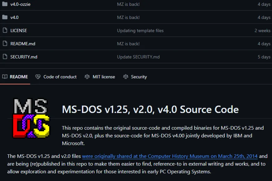 Microsoft відкрила код MS-DOS 4.0 на GitHub — він виявився зламаним через UTF-8 та часові позначки
